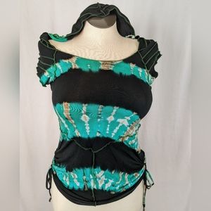 Women's festival shirt with green brown and black tie-dye pattern. Stretchy